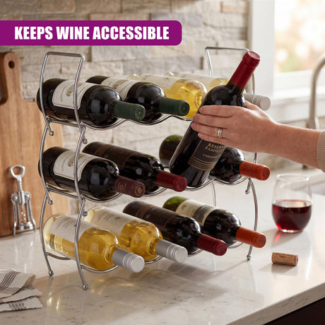 Tiered metal wine rack displaying numerous bottles of red and white wine on three levels.