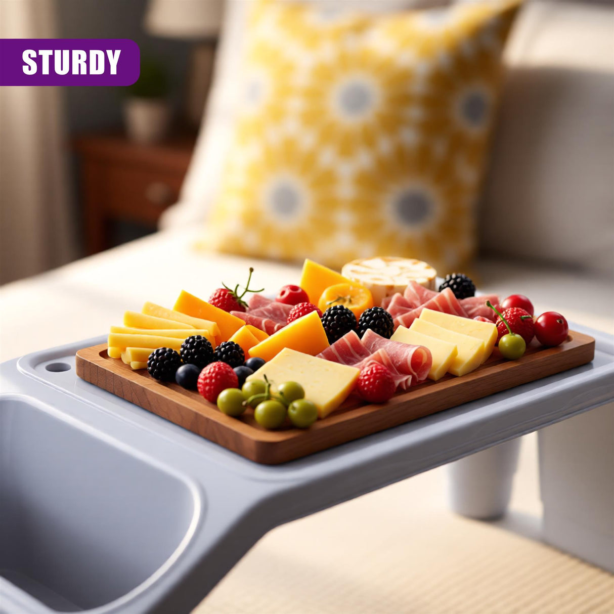 "A wooden bed tray table topped with a variety of fresh fruits and cheeses, perfect for an indulgent breakfast in bed." - UKBuyZone