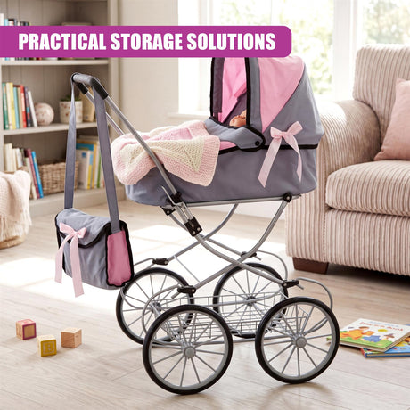 Gray doll pram with pink bows and attached storage bags. The stroller features large, visible spoked wheels.