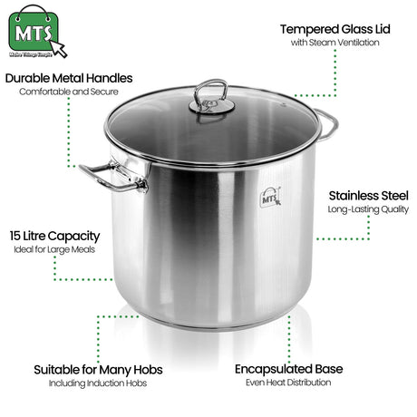 Stainless steel stock pot with glass lid, 15L capacity, metal handles, durable and secure.

Comes with:
- Stainless steel pot
- Glass lid
- Metal handles
- Includes:
  - Recyclable plastic handle
  - Stackable and nesting base for easy storage
  - 6 litre capacity
  - Measuring cups included
  - Large, flat cooking surface suitable for a variety of food preparation needs
  - Lid seals to maintain freshness and prevent contamination
  - Durable and long-lasting quality - UKBuyZone