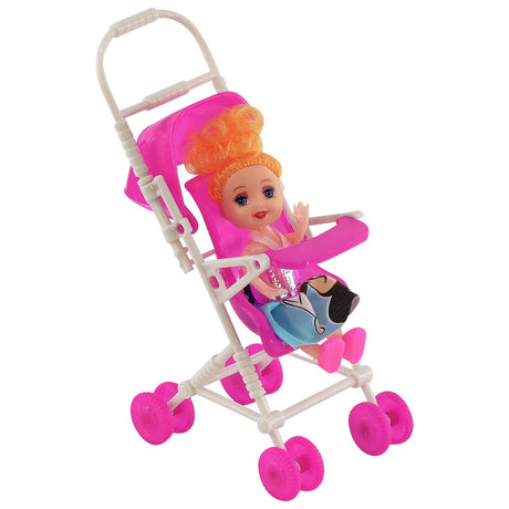 Pregnant doll wearing pink clothing sits in a white baby stroller accessory set.