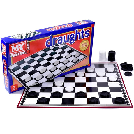 Folding draughts game set featuring a box and a deployed checkered black and white board.