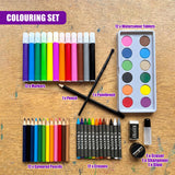 An art set containing colored pencils, markers, crayons, watercolor tablets, paintbrush, and tools.