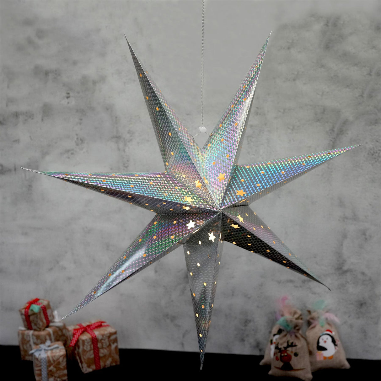 Large LED Paper Hanging Star Silver by Geezy - UKBuyZone