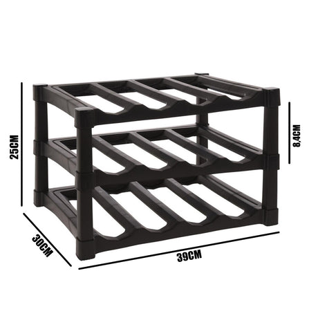 A black Geezy 3-tier wine rack with measurement dimensions.