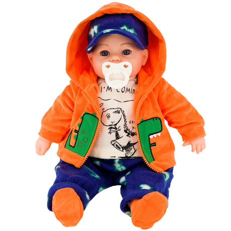 18" BiBi Doll Boy In Orange Jacket In Dinosaur Design by BiBi Doll - UKBuyZone