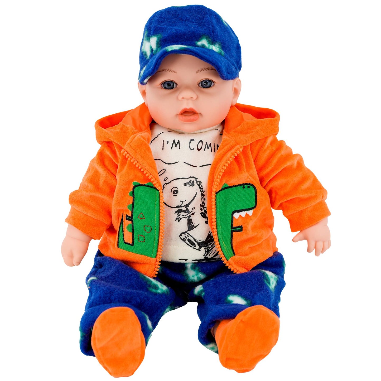 18" BiBi Doll Boy In Orange Jacket In Dinosaur Design by BiBi Doll - UKBuyZone