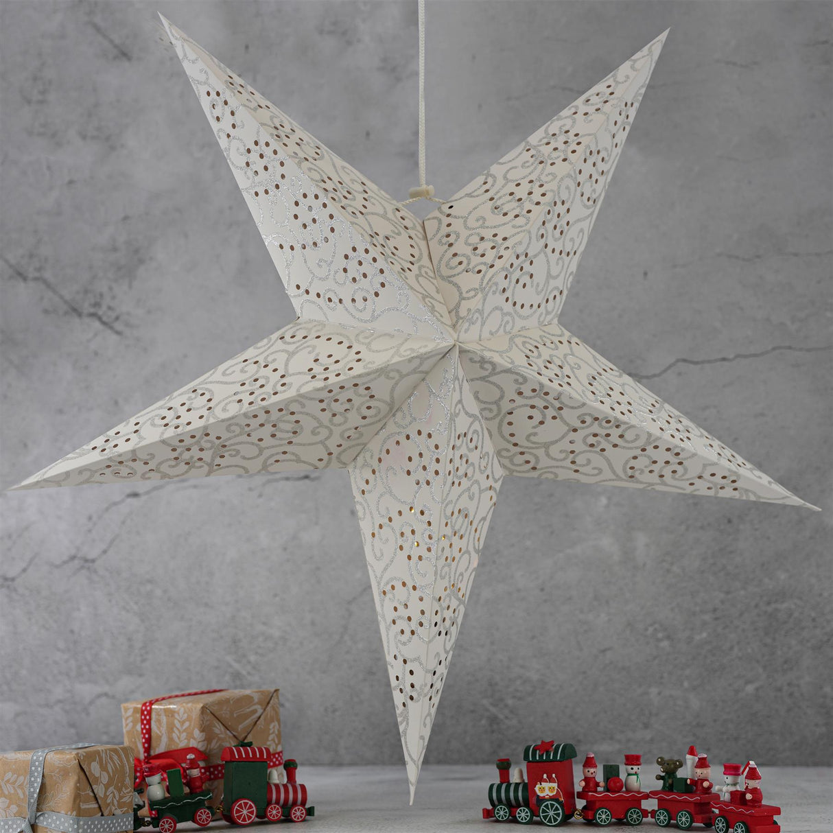 60 cm LED White Glitter Hanging Paper Star by Geezy - UKBuyZone