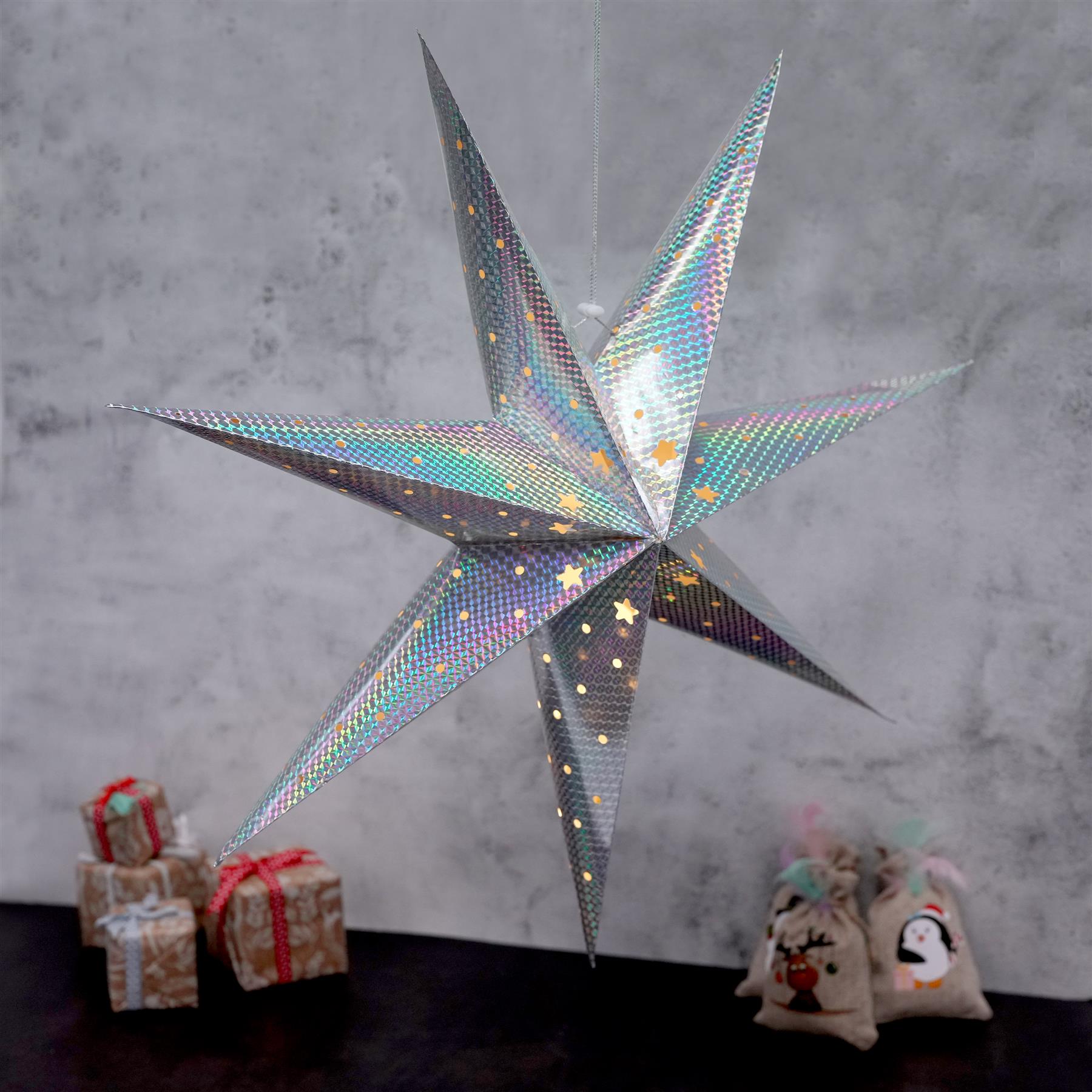 Large LED Paper Hanging Star Silver by Geezy - UKBuyZone