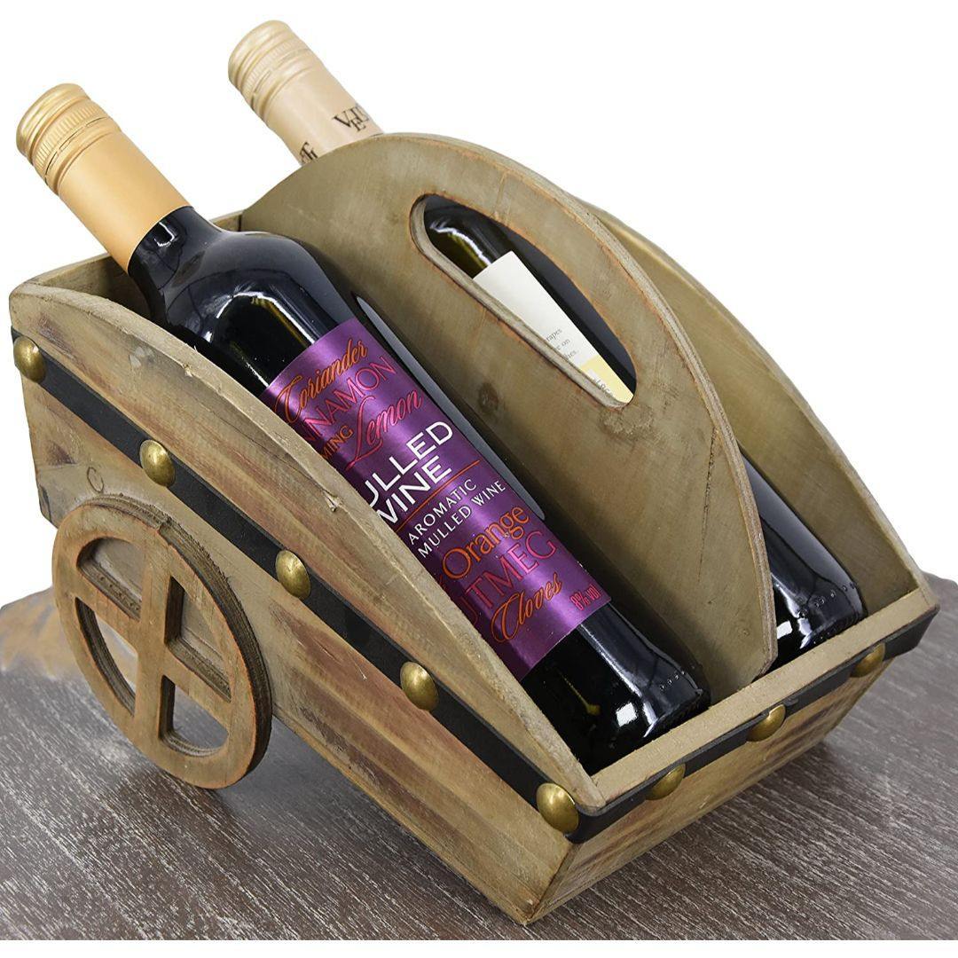GEEZY Wine Rack Freestanding Wheelbarrow Shaped Wooden Wine Rack For 2 Bottles