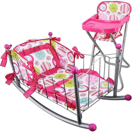 The Magic Toy Shop Baby Doll Accessories Dolls Feeding High Chair and Cot Furniture Set