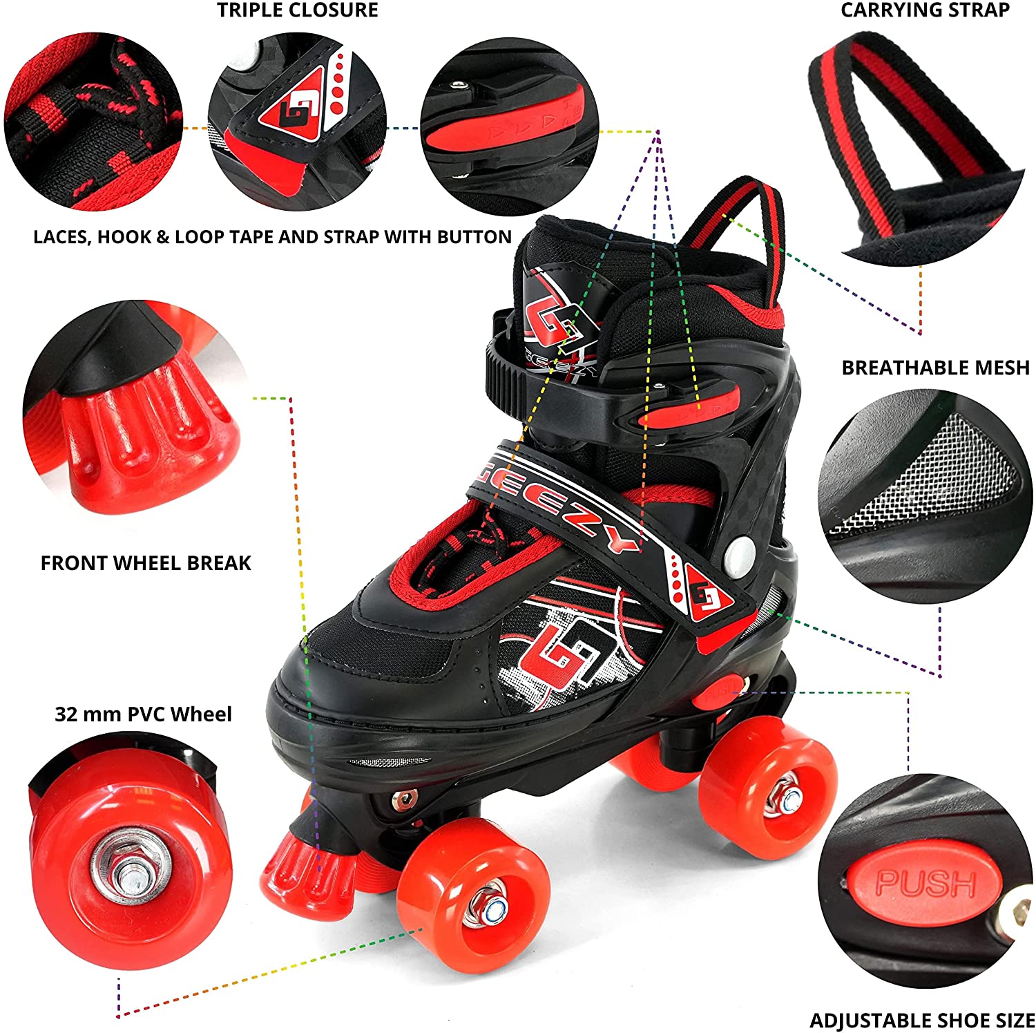 The Magic Toy Shop Roller Skate Red and Black Roller Skates for Kids with 4 Wheel